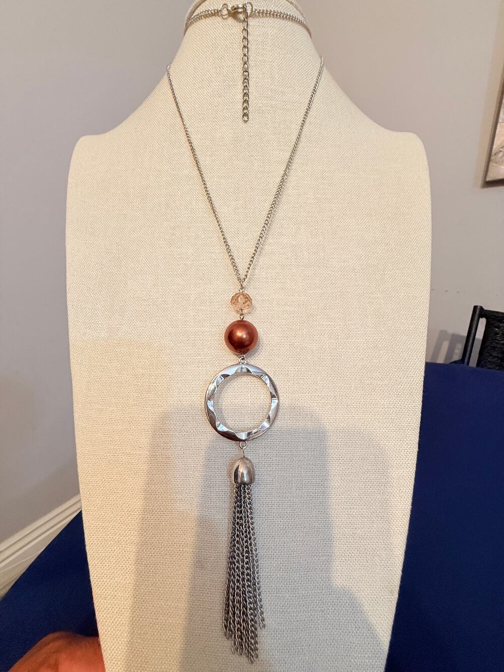 Vintage ring Tassel Pendant Necklace 32” Silver Tone